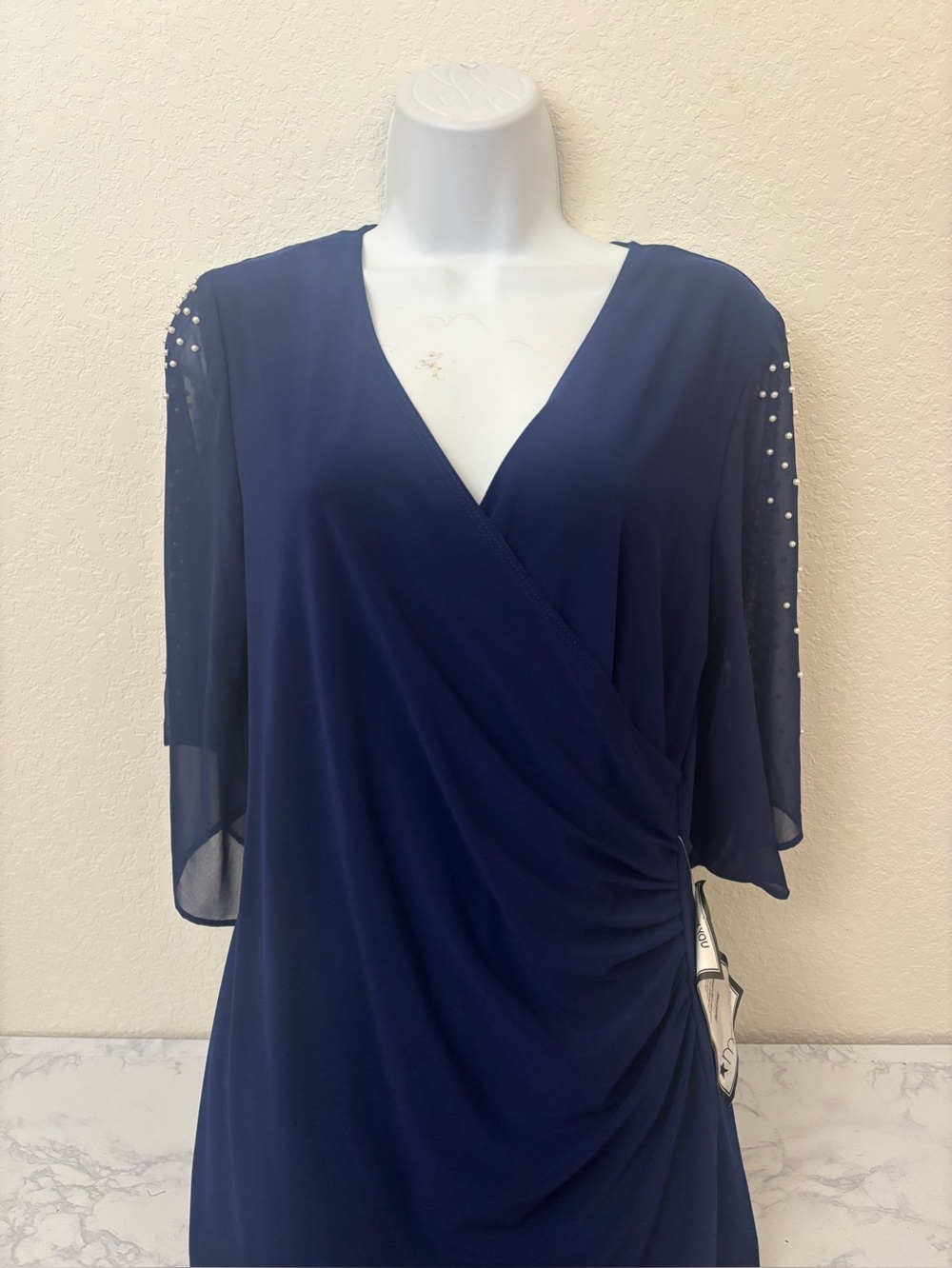 Msk Women's Blue Midi Dress Sz M Faux Wrap Pullover Beaded 3/4 Sleeve NWT - Picture 2 of 7